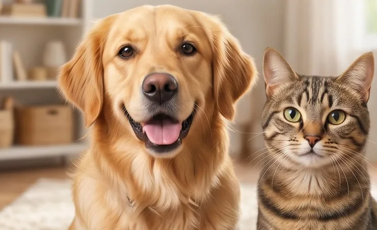 Cão da raça golden retriever e gato tabby lado a lado, representando o cuidado com cães e gatos